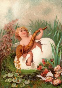 1870s-80s Cherub Coming Out of Egg Holding Horn Victorian Trade Card F18