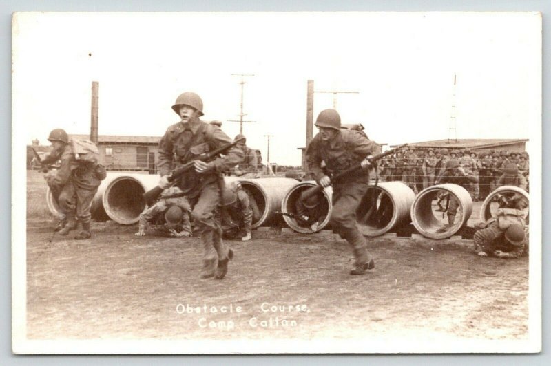 Camp Callan CA~WWII Soldiers~Obstacle Course~Full Gear~Truman Yardley~1940s RPPC 