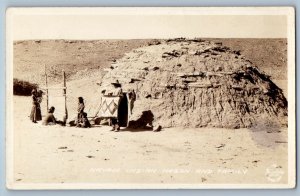 c1940's Navajo Indian Hogan And Family Frashers RPPC Photo Vintage Postcard