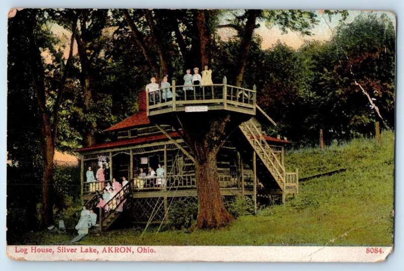 c1908 Akron Ohio OH Vintage Postcard Log House Silver Lake Tree House Posted