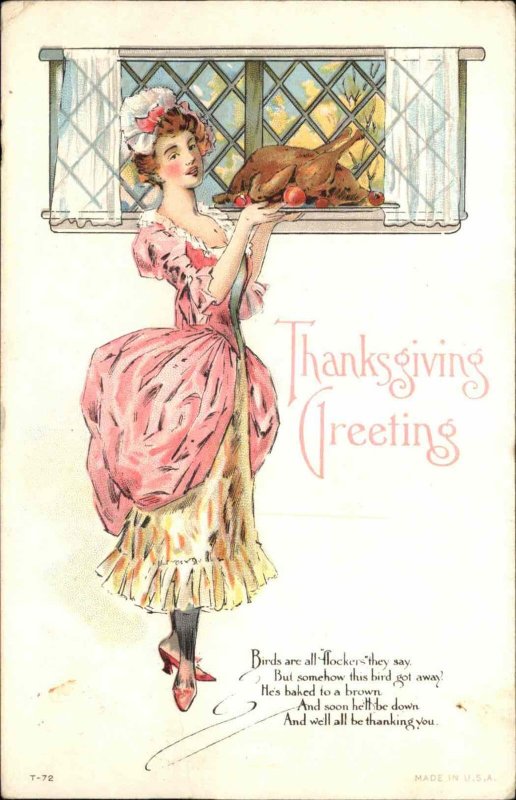 Thanksgiving Beautiful Woman Victorian Turkey Dinner Vintage Postcard