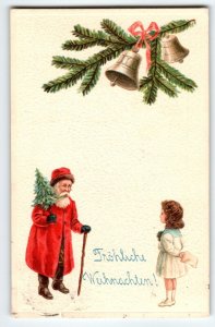 Santa Claus Christmas Postcard German Text Tree Girl Cane Embossed Series 4528