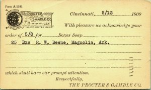 Procter Gamble Co Ohio 1909 Soap Order Postal Card Ardis Co Shreveport LA