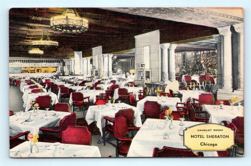 Postcard IL Chicago Hotel Sheraton Interior View Camelot Dining Room Linen L09