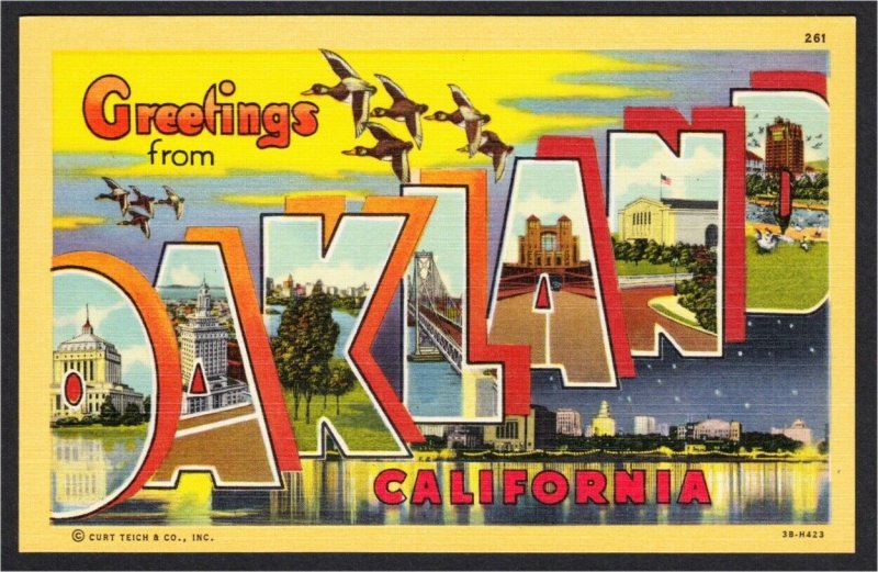 Oakland CA Large Letter Linen Postcard 1940s-1950s