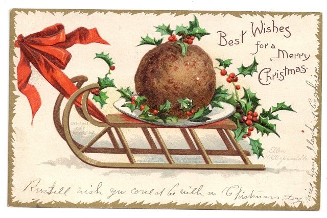 Signed Clapsaddle Plum Pudding Sled 1907 UND Embossed Gilt Christmas Postcard