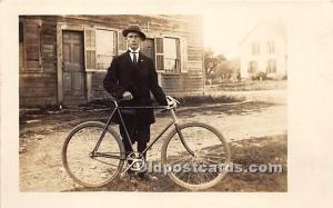 Man with bicycle Real Photo Bicycle Writing on back 