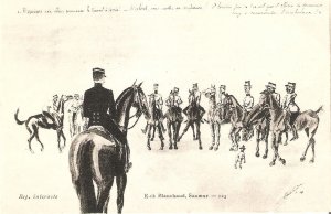 Horses. Military training Old vintage French artist drawn postcard