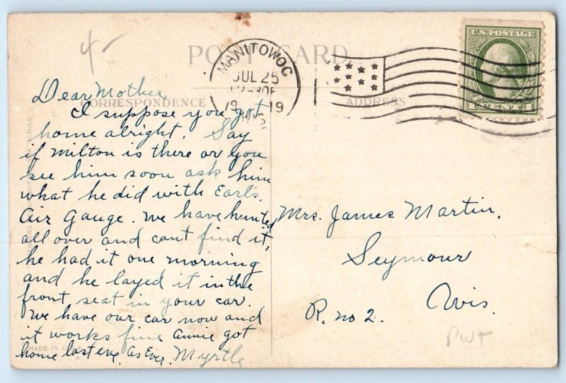 c1919 Manitowoc Wisconsin WI Vintage Postcard U. S. S. Illinois Steamship Posted