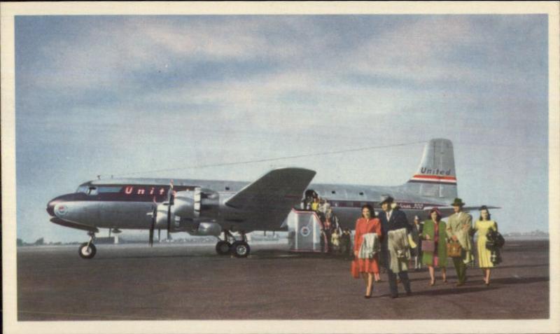 United Air Lines Airplane Passengers Deplaing Postcard