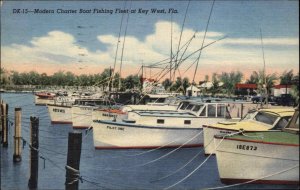 Key West Florida FL Boat Fishing Fleet c1930s-40s Linen Postcard