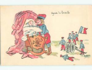 Unused c1915 military signed WWI ERA FRENCH TOY SOLDIERS WITH FLAG k6295-22