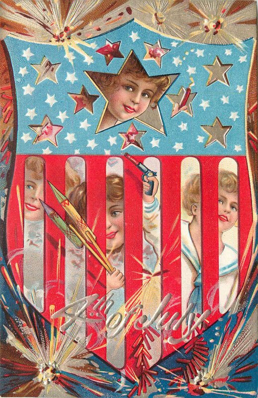 Embossed Postcard 4th Of July Children With Guns in American Flag Shield Serie 4