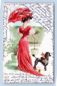 Ewardian Woman in Red Dress w Parasol Walking Poodle Dog 1909 DB Postcard M2