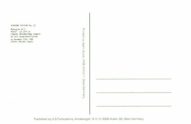 Lynbird International Airways McDouglas DC 3 at Ft Lauderdale Airplane Postcard