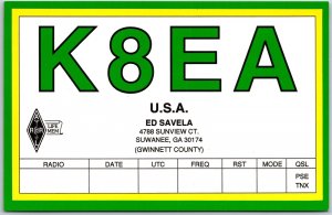 QSL Radio Card Suwanee Georgia K8EA Amateur Radio Station Postcard