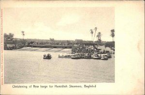 Baghdad Iraq Christening New Barge Hamidieh Steamer Ships c1910 Postcard