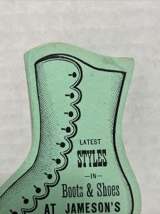 Vtg 1880s Jameson's Boots & Shoes Shape Diecut Business Trade Card Brockton MA