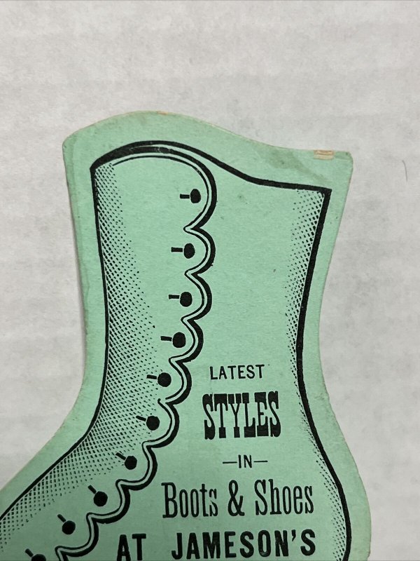Vtg 1880s Jameson's Boots & Shoes Shape Diecut Business Trade Card Brockton MA