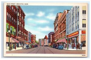 Postcard Main Street, Brockton, MA linen D8