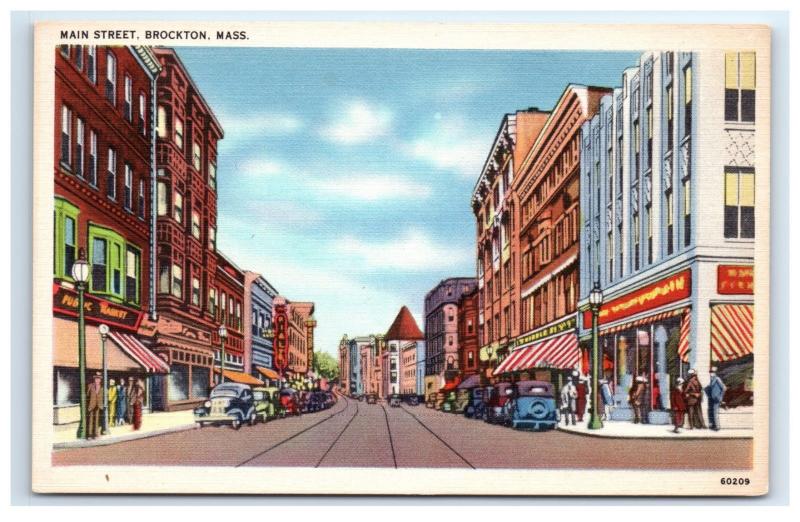 Postcard Main Street, Brockton, MA linen D8