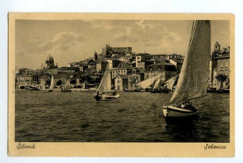 497070 Croatia 1925 year Sebenica Sibenik yachts embankment Vintage postcard
