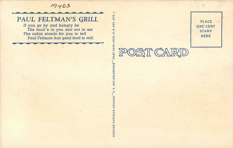 Postcard 1940s Chicago Illinois Paul Feltman's Grill Occupation linen IL24-1906