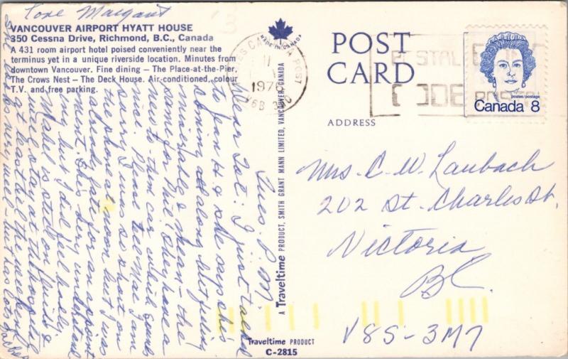 Hyatt House Vancouver Airport BC British Columbia c1976 Vintage Postcard D41
