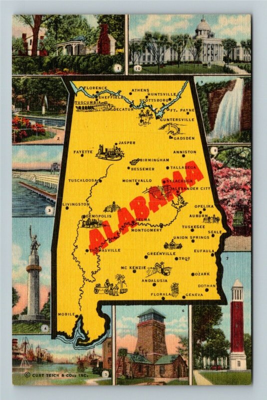 Tuscumbia Al Alabama Map Of State Birthplace Of Helen Keller Linen Postcard United States 4679