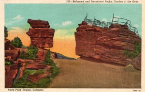 Vintage Postcard Balanced & Steamboat Rocks Garden of Gods Pikes Peak Colorado