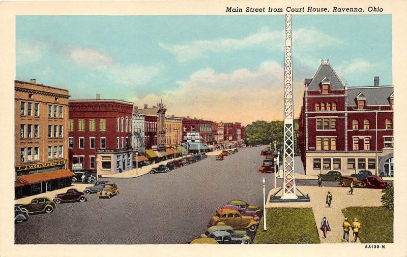 Ravenna Ohio~Main Street @ Court House~Woolworth's~Drug Store~1950s Postcard