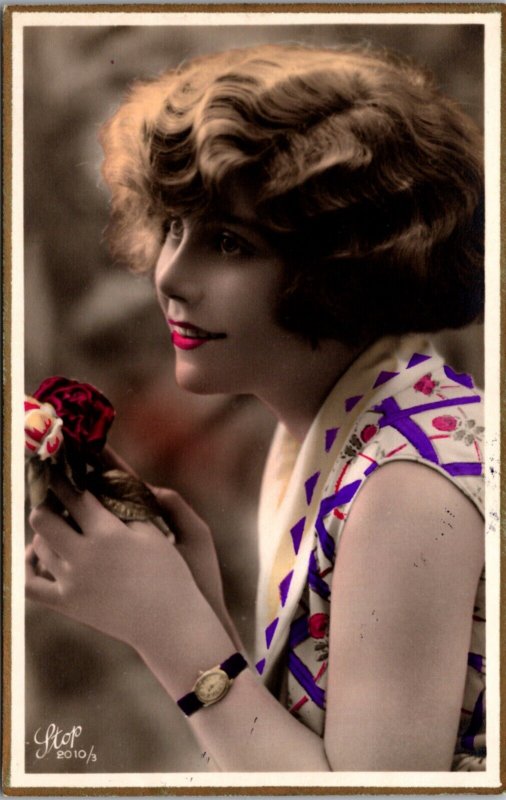 Hand Colored Real Photo Postcard Studio Portrait of a Woman with Roses