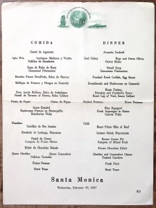 1957 GRACE LINE S S SANTA MONICA DINNER MENU CARD FEB 27 1957  MENU Z5589