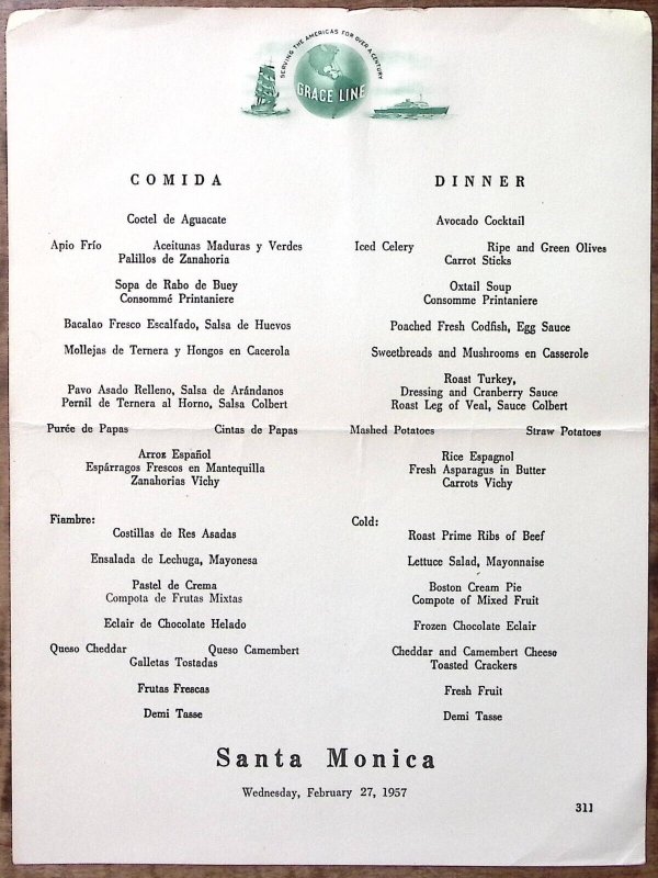 1957 GRACE LINE S S SANTA MONICA DINNER MENU CARD FEB 27 1957  MENU Z5589