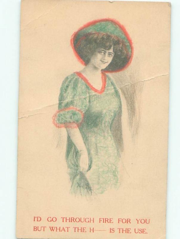 Pre-Linen signed PRETTY WOMAN IN LIGHT BLUE DRESS WITH MATCHING HAT AB7750