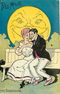 Postcard The Honeymoon Anthropomorphic Full Moon Romantic Couple On Bench AH