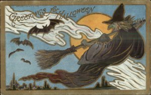 Halloween Scary Witch in Sky w/ Broom Bats c1910 Embossed Postcard