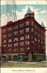 Postcard IL Rockford Brown Building & People's Bank Buggy 1910 M21