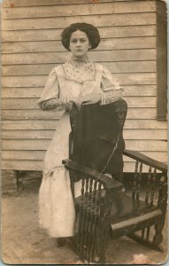 Vtg Postcard RPPC Adair Iowa IA Portrait Woman In White With Rocking Chair UNP