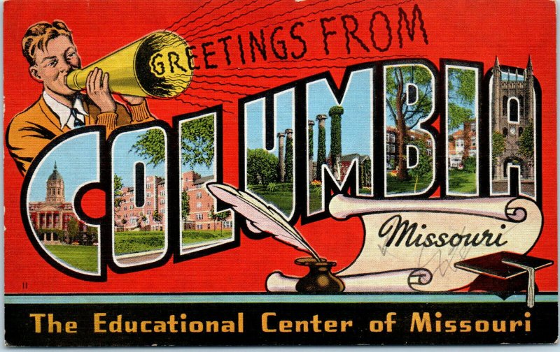 1940s Greetings from Columbia Missouri Educational Center MO Postcard