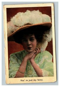 Vintage 1900's Colored Photo Postcard Woman in Large Feathered Hat