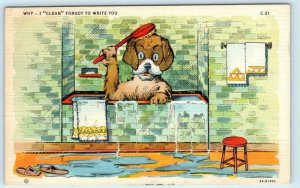 RAY WALTERS Dog Comics I CLEAN Forgot to Write Bath 1941 Linen  Postcard