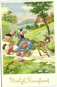 PC DISNEY, HUEY DUCK WITH BAMBI AND PIGS, Vintage Postcard (b35887)