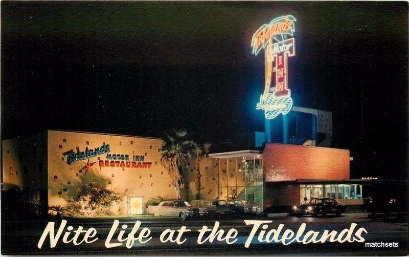 1950s Night Neon Tidelands Motor Inn Houston Texas Crocker postcard 13417