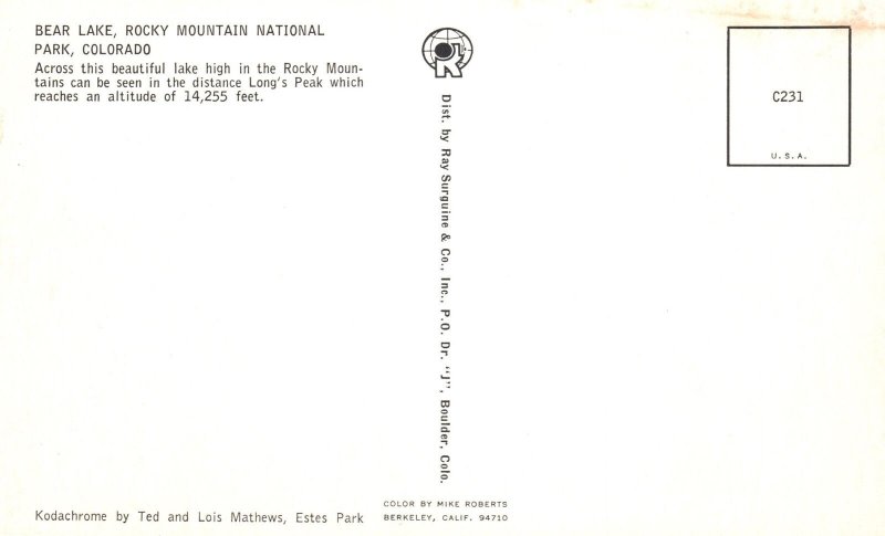 Vintage Postcard Bear Lake Rocky Mountain National Park Longs Peak Colorado CO
