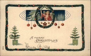 Christmas Angel and Trees Embossed 1908 Christmas Seal Vintage Postcard