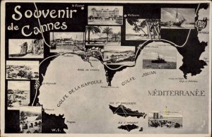 Souvenir de Cannes France FR Map Multi-View c1910 Vintage Postcard