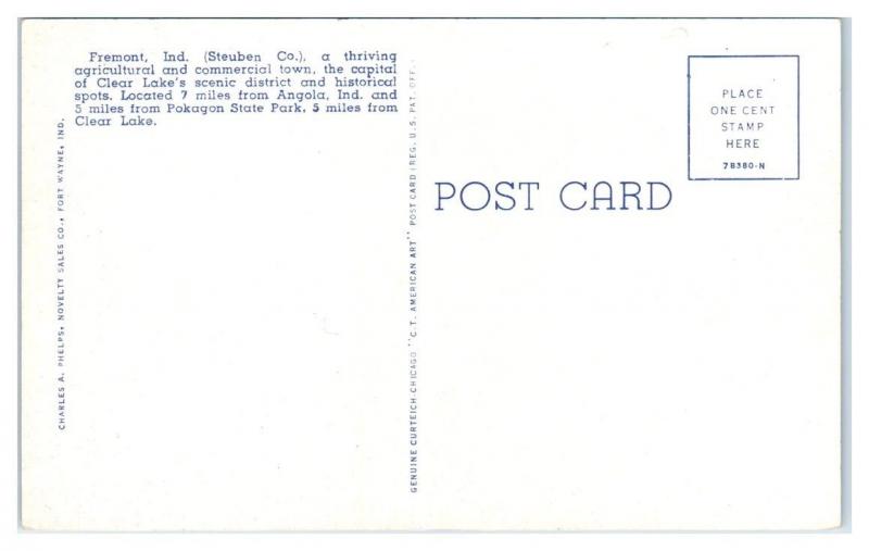 Main Street looking West, Fremont, IN Postcard