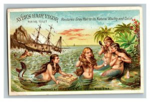 Vintage 1880's Victorian Trade Card Ayer's Hair Vigor - Gray Hair Dye Mermaids