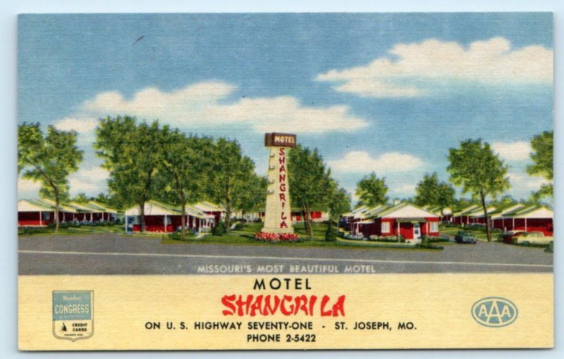 2 Postcards ST. JOSEPH, Missouri MO ~ Roadside SHANGRI-LA MOTEL c1940s Linens